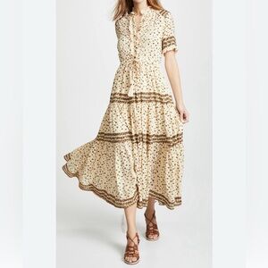 Free People- Rare Feeling Pleated Maxi Dress In Neutral brown and cream